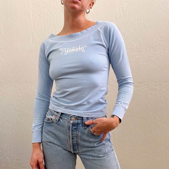 Y2K Baby Blue Yamaha Graphic Logo Long Sleeve Stretch Knit Tee - Picture 5 of 6